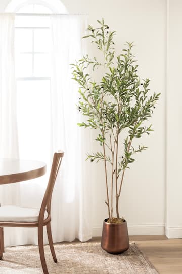 Kate and Laurel 7ft. Oliveira Faux Olive Tree with Round Bronze Planter
